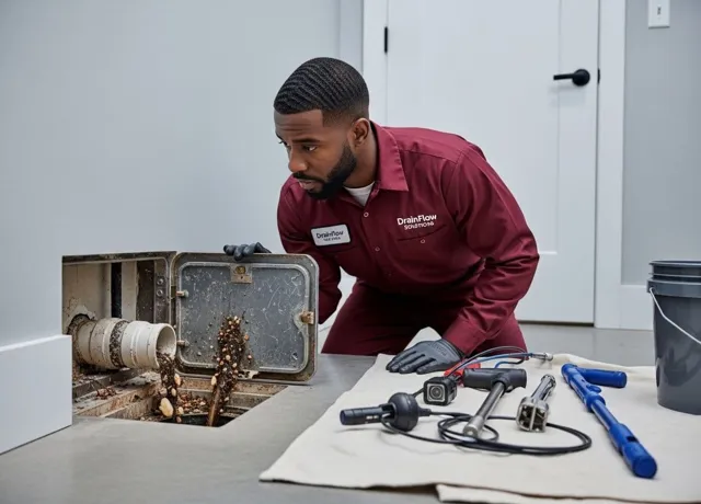 Drain cleaning specialist working on a floor drain
