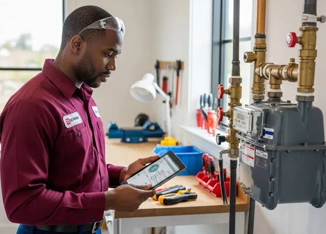 Technician checking a gas meter and gas line