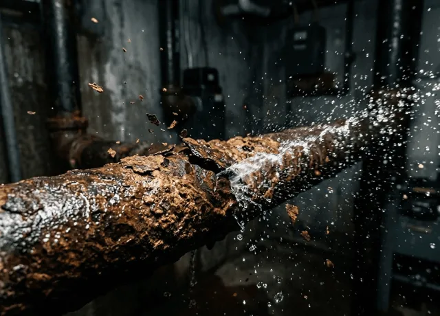 Corroded pipe spraying water from a leak