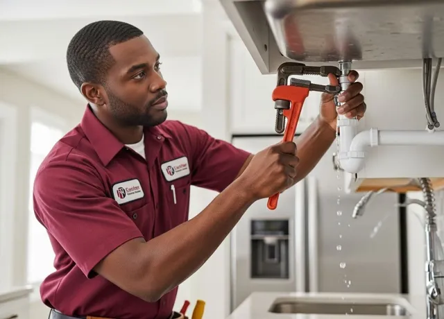 Plumber repairing a leaking pipe under a sink