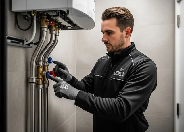 Technician installing a wall-mounted tankless water heater