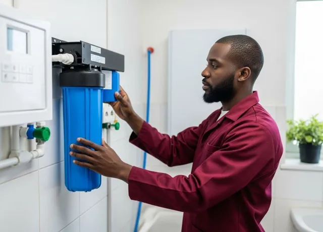 Technician changing a water softener filter