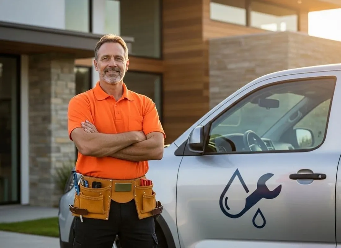 Bryan Plumbing technician standing beside a service van